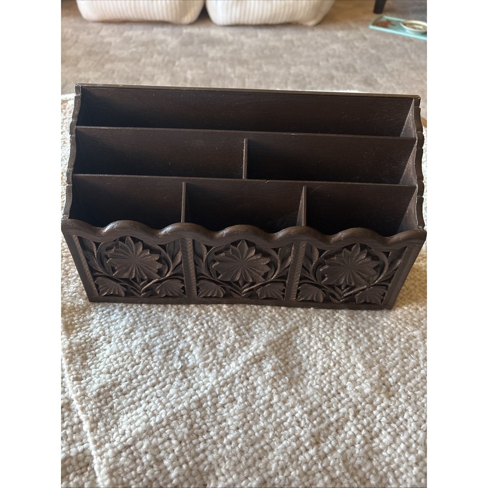 Vintage MCM Faux Carved Wood Mail Holder By Lerner Freestanding